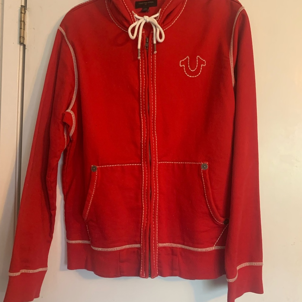 True Religion Mens Red Buddha Logo Zip Hoodie - Large
